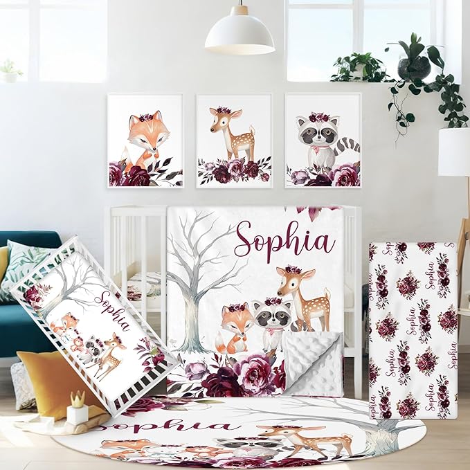 Custom Name Crib Bedding Set, 5 Pcs Personalized Woodland Animals Theme Baby Bedding, Crib Set for Boys Girls, Double Layer Nursery Bedding Sets for Infant Newborns, Toddlers Crib Bed Set