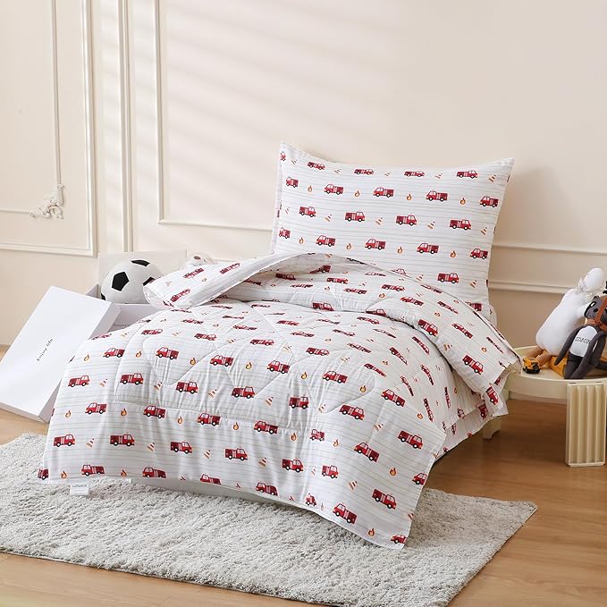 LONAVA Toddler Kids Comforter Set - 4 Pieces Toddler Bedding Sets for Boys Girls Children, Ultra Soft Microfiber Bed in A Bag with Flat Fitted Sheets, Fire Truck