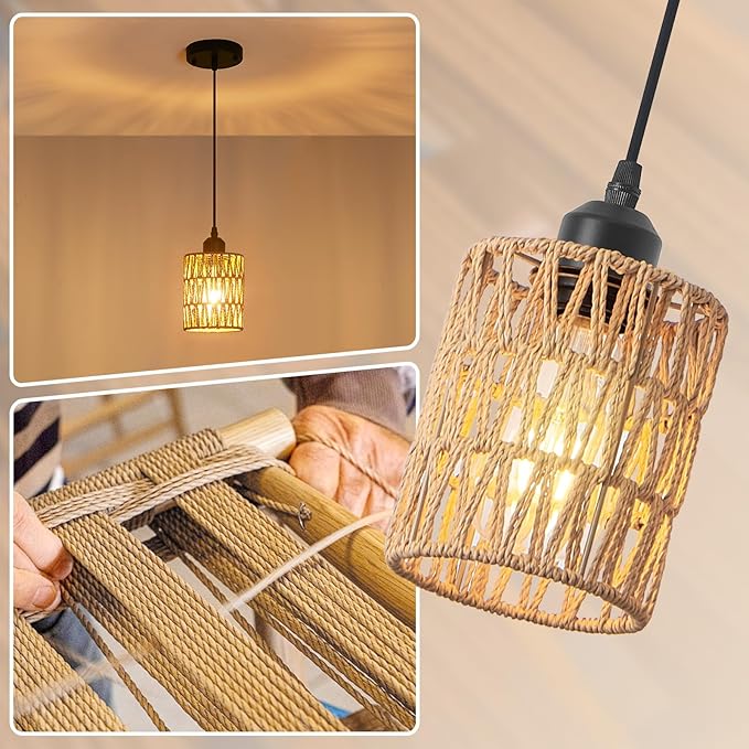 3 Pack Rattan Chandelier Pendant Lights Kitchen Island,Farmhouse Boho Chandeliers Adjustable Height Hanging lamp for Dining Room,Kitchen Ceiling Light Fixtures with Hand Woven Wicker Lampshade