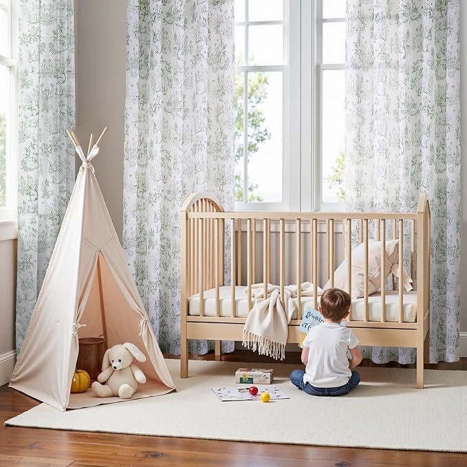 jinchan Linen Nursery Curtains 90 inch Long Woodland Wildlife Sage Green Print Drapes for Kid's Room Light Filtering French Country Farmhouse Curtains with Bunny and Forest Design Set of 2 Panels