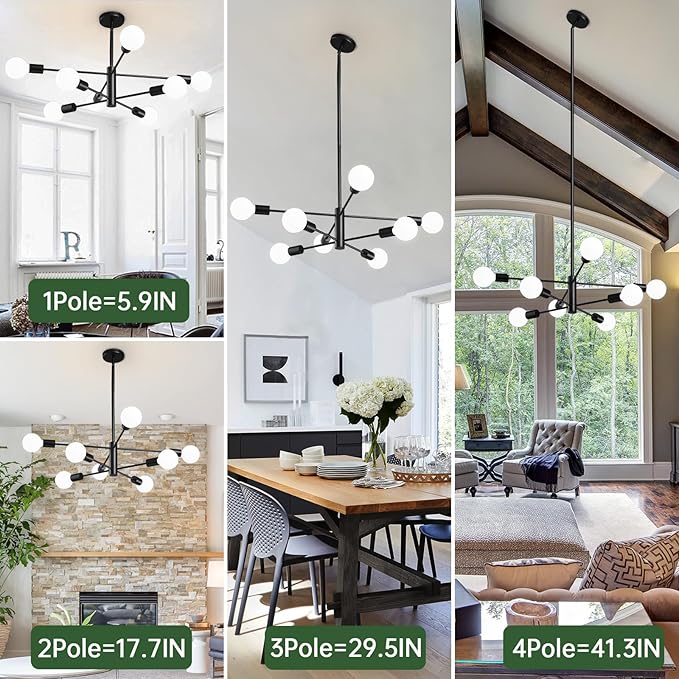 Modern Sputnik Chandeliers Light, 8-Light Black Chandeliers for Dining Room, Height Adjustable Ceiling Lights Farmhouse Chandelier for Kitchen Island Living Room Bedroom