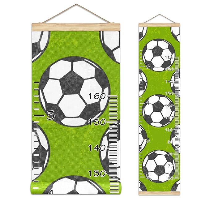 Personalized Kids Name Growth Chart Ruler for Wall Wood Frame Height Measure Chart 13.4x56 in Linen Hanging Height Growth Chart Football Soccer Green Kids Room Decor