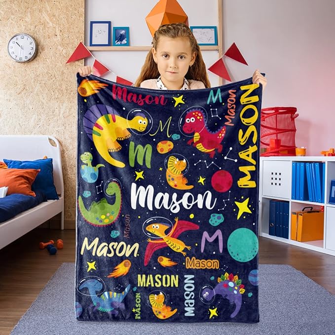 Personalized Dinosaur Blanket for Boys, Custom Name Blanket for Kids Dino Outspace, Soft Flannel Dinosaur Toddler Blanket Customized Gift for Birthday Christmas Baby Shower, Newborn Gift 60" X 80"