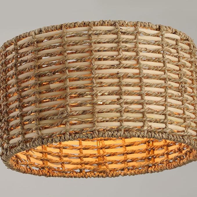41" Chandelier Woven Rattan Light Fixture with 3 Wicker Lampshades, Large Linear Boho Chandeliers Drum Pendant Lights Kitchen Island