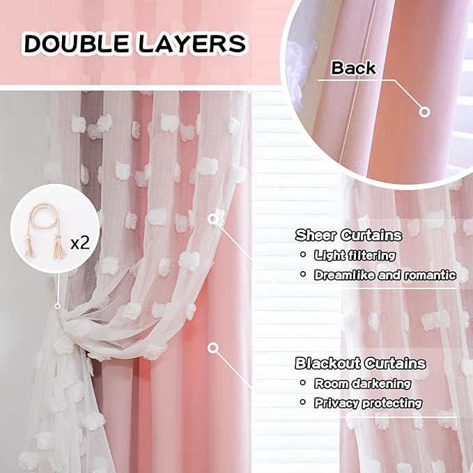 MYSKY HOME Double Layer Curtains for Girls Bedroom Kids Curtain White Pom Pom Sheer Window Curtains 2 Panels Pink Curtains Grommet Room Darkening Solid Nursery Curtains 63 Inches Length, W52 X L63