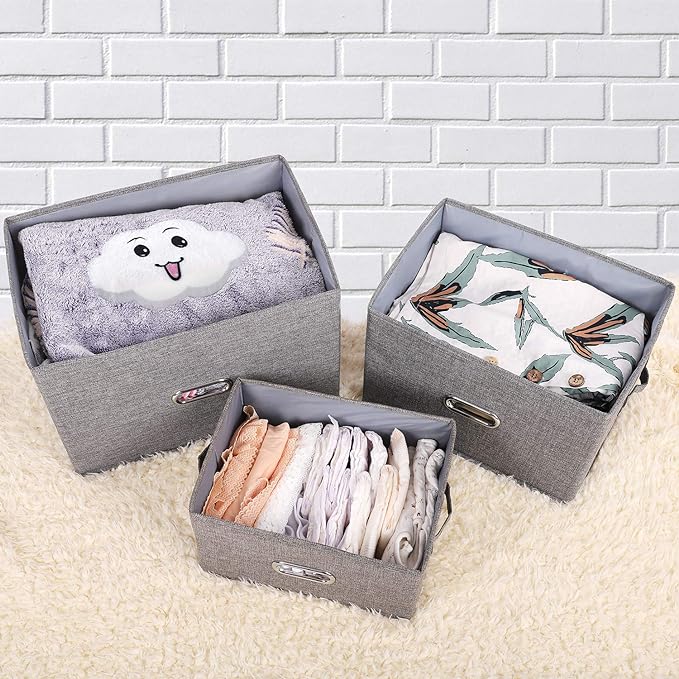 Large Linen Fabric Foldable Storage Bins with Removable Lid and Handles, Washable Storage Box Organizer Containers Baskets Cube with Cover for Bedroom,Office(Cream, Medium)