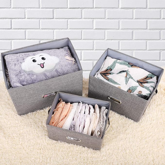 Large Linen Fabric Foldable Storage Bins with Removable Lid and Handles, Washable Storage Box Organizer Containers Baskets Cube with Cover for Bedroom,Office(Cream, Large(2-Pack))