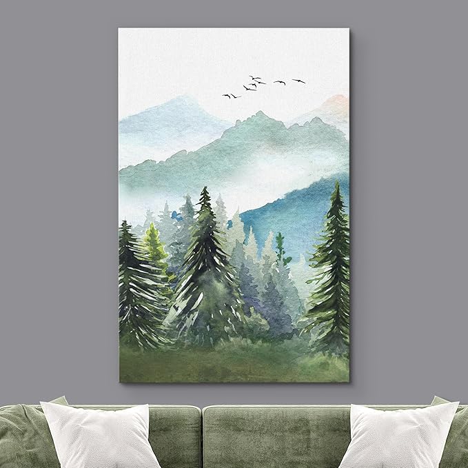 SIGNWIN Canvas Print Wall Art Watercolor Green Forest Tree Mountain Range Nature Landscape Prints Modern Art Woodland Nursery Decor for Living Room, Bedroom, Office - 12"x18"