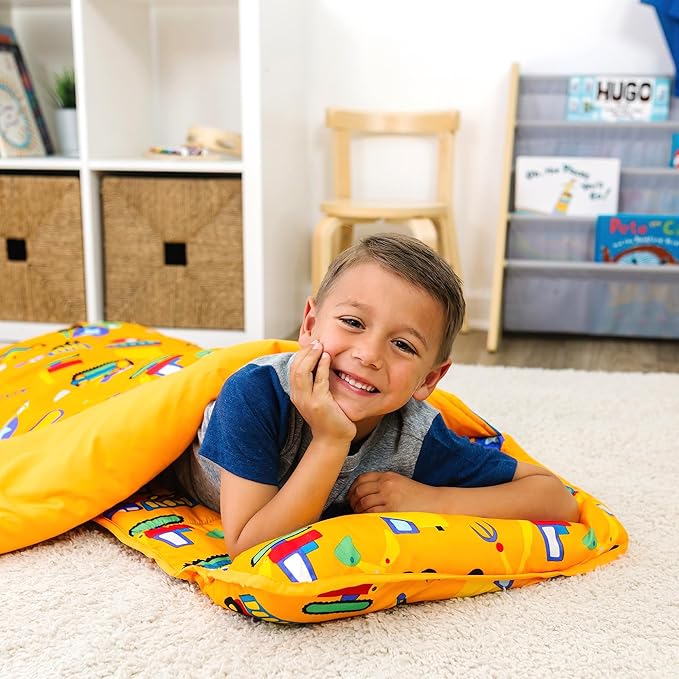 Wildkin Kids Microfiber Nap Mat – Soft Sleep Mat with Pillow, Ideal for School & Travel - Under Construction