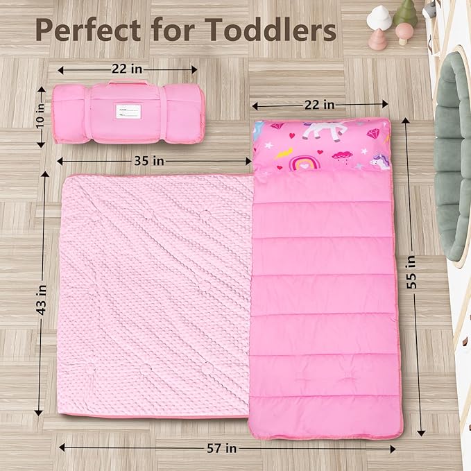 Primlect Toddler Nap Mat with Removable Pillow and Fleece Blanket, Extra Large 55''x35'' Sleeping Bag, Washable, Light, Easy to Roll up, Perfect for Daycare, Preschool, Kindergarten, Travel