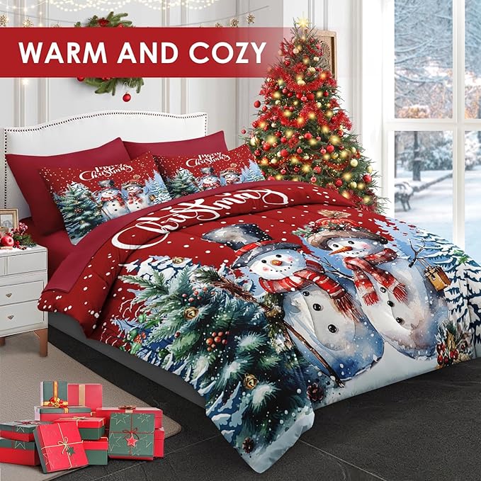 7 Pcs Full Size Christmas Comforter Set with 2 Pillowcases & 2 Shams, Winter Wonderland Bedding for Kids and Adults, Happy Snowman Bed in a Bag with Flat Fitted Sheet
