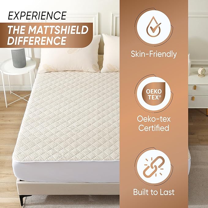 Luxury Quilted Organic Cotton Mattress Protector Queen - 380 GSM Waterproof & Breathable Pad - Deep Pocket Fitted Cover - Soft & Silent Protection