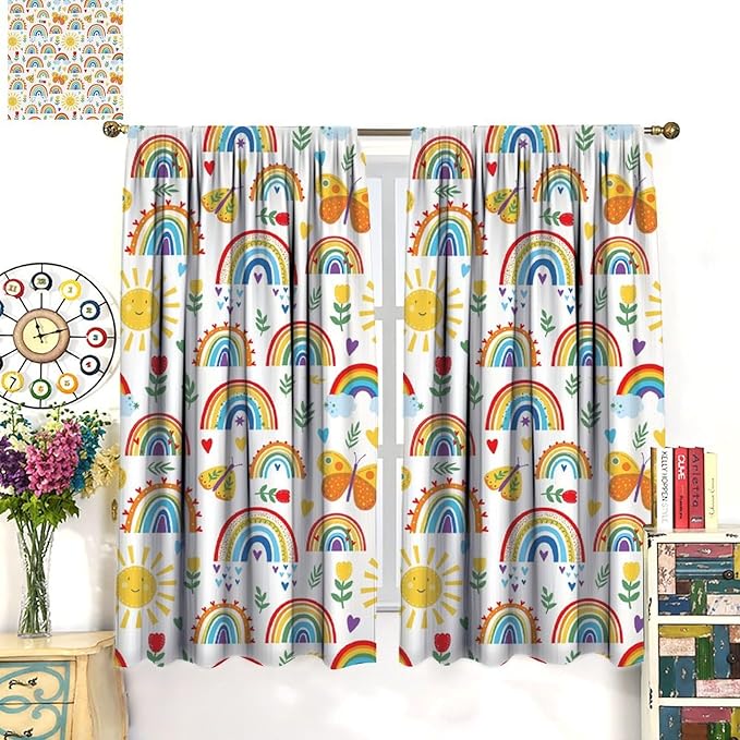 Boho Rainbow Curtains for Kids Nursery Colorful Floral Sun Star Clouds Pastel Bohemian Pattern Print Window Drapes for Girl Bedroom Living Room Kitchen Decor,2 Panel Set,84Wx84H Inch Blackout