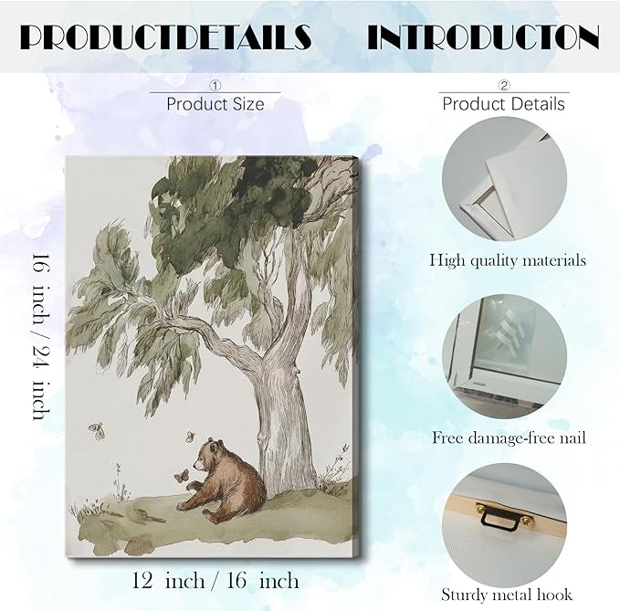 LSXARTQQ Set of 3 Woodland Nursery Wall Art Neutral Forest Animal Alphabet Canvas Wall Decor Vintage Nursery Wild Animals Paintings Pictures Kids Boys Girl Room Bear Bunny Artwork Prints(16x24inch)