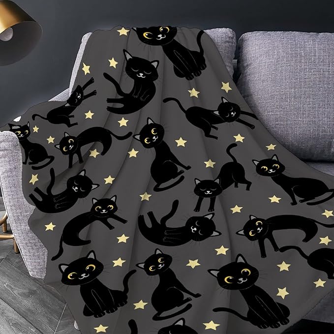 Thuswarm Cats and Stars in The Dark Flannel Throw Blanket Warm Cozy Soft Funny Print Blankets for Bed Couch Sofa Room Decoration Gifts 120”×90” Extra Large for Family