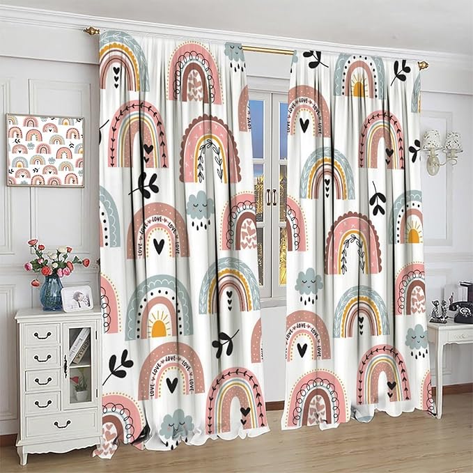 Kids Rainbow Curtains Boho Cartoon Colorful Stars Love Heart Lovely Abstract Art Pattern Print Window Drapes for Girl Bedroom Living Room Kitchen Decor,2 Panel Set,84Wx84H Inch Blackout