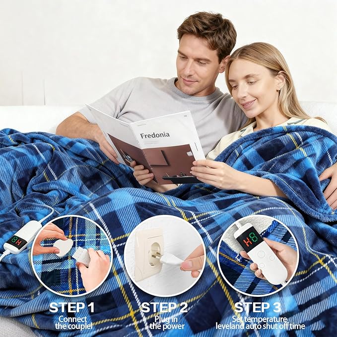 Electric Blanket Heated Queen, Soft Flannel 90"x84" Plaid Heating Blanket with 8 Hours Auto Off 10 Fast Heating Levels Machine Washable Sherpa Heated Blanket with Overheating Protection