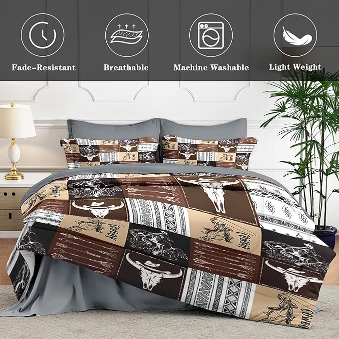 7 Pcs King Size Comforter Set with 2 Pillowcases & 2 Shams, Cowboy Vintage Brown Bedding for Kids and Adults, Western Bed in a Bag with Flat Fitted Sheet