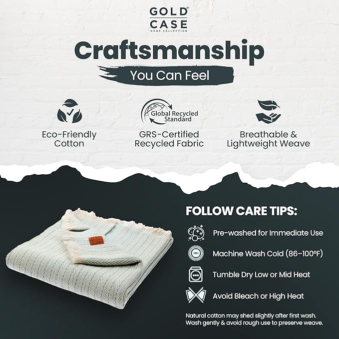 Gold Case Throw Blanket for Couch - 100% Recycled Turkish Cotton Blankets & Throws - Vintage Soft Throw Blankets for Living Room - Boho Decorative Woven Couch Blanket - 50x60 - Aqua