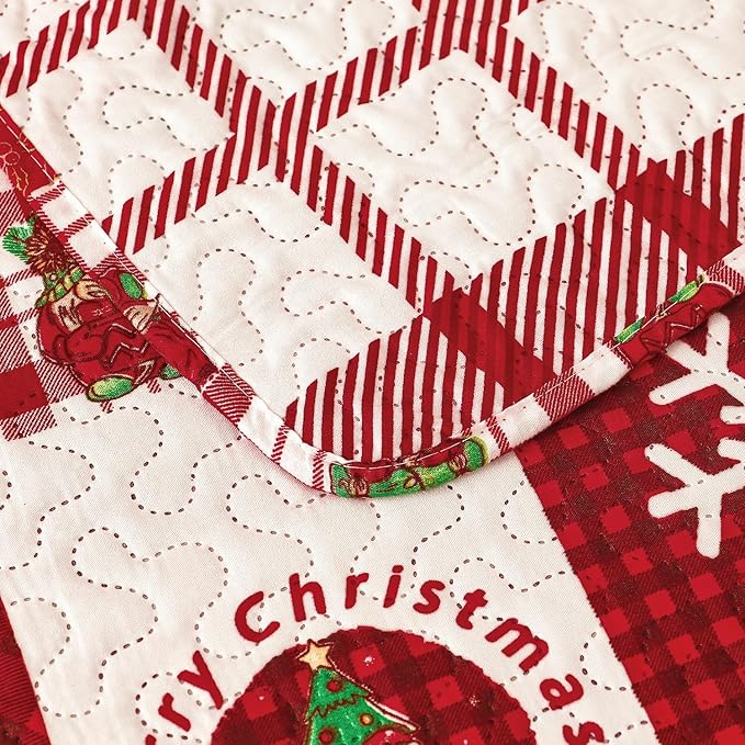 Gnome Christmas Quilt Bedding - King Size, Red Plaid, Holiday Lightweight Reversible Quilt Bedspread