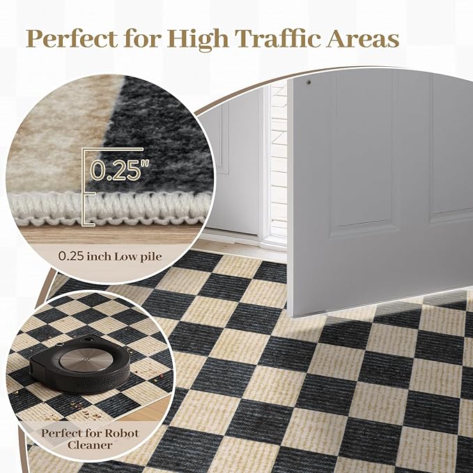 LIVEBOX Washable Runner Rug Checkered, 2x6 Black Runner Rugs for Hallway, Non-Slip Kitchen Runners, Farmhouse Neutral Classic Geometric for Hallways, Entryway, Bedroom, Bathroom(Black 2'x6')