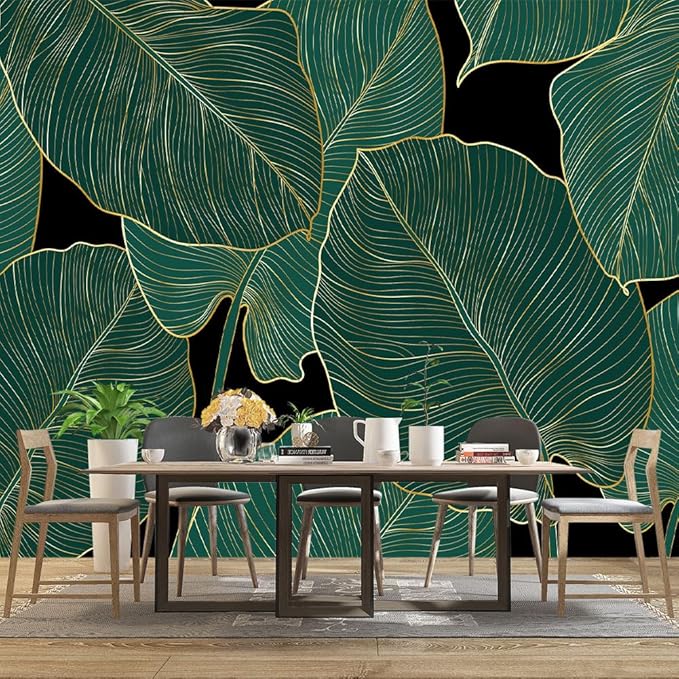 Black and Gold Leaf Mural Bedroom Tropical Green Botanical Wallpaper Room Plant Decor Living Room tv Background Large Wall Mural - 91"x65" (Not Peel and Stick)