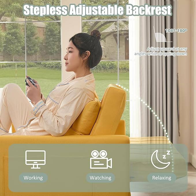52" Sleeper Sofa with Pull-Out Bed, 3-in-1 Convertible Sofa Bed, Loveseat with Stepless Adjustable Backrest and Side Pocket, for Living Room Dorm Apartment, Linen, Yellow