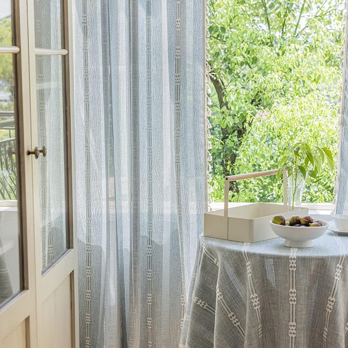 ENJOYBRIDAL Boho Curtains 84 Inch Length 2 Panels Semi Sheer Blue Grey Drapes Embroidered Tassel Rod Pocket Hollow Out Window Curtain Panels Farmhouse Window Treatment for Bedroom Living Room