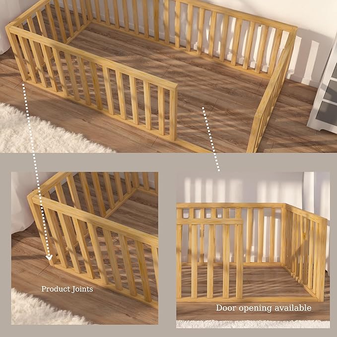 Montessori Floor Bed for Kids 39.4'' x 75.2'' Twin | Toodlers Floor Bed with Safety Guardrails | Pine Wood Baby Bed | Sturdy Wood Frame Bed for Girls and Boys (Twin, Height : 19 Inches)