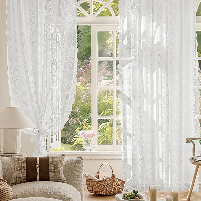 Anmao Vintage Lace Curtains 54 Inches Long 2 Panels Set, Romantic Elegant Light Filtering Semi Sheer Floral Thick Lacy Curtain Drapes for Living Room and Bedroom, Each Panel 55W x 54L, Bright White