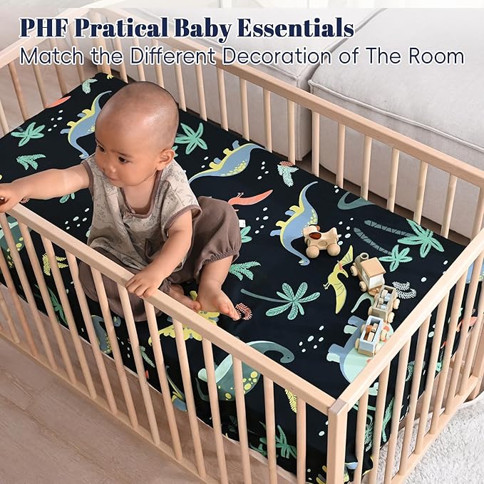 PHF 4 Pack Soft Dinosaur Crib Sheets Fitted, Comfy Breathable Baby Sheets for Boys Girls, 28x52 Inches Fits Standard Crib and Toddler Mattresses, Dinosaur