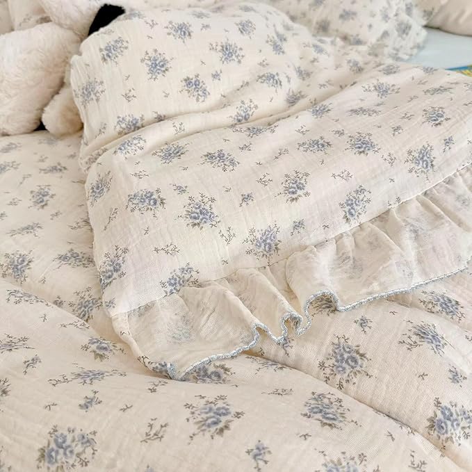 BuLuTu Chic Shabby Vintage Floral Duvet Cover Twin for Kids Girls Boys 100% Cotton Muslin Ruffled Quilt Cover Twin, 68"x86", Freesia Print, Soft Breathable, Zipper Closure, No Pillowcase