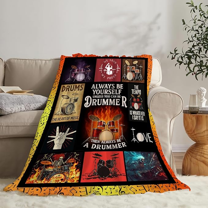 Drum Set Fleece Blanket Rock Music Throw Blankets for Girls Boys Super Soft Warm Flannel Cool Musical Instrument Throws Gifts for Men Women Cozy Fuzzy Plush Stuffed Couch Bed Bedding Decor 50"x40"