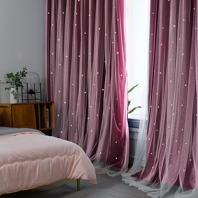 Kinryb Kids Blackout Curtains for Bedroom/Living Room/Classroom, Sheer Overlay 2 Free Tiebacks, Double Layer Curtains with Star Cutout for Kids Room(Each Piece W 70 x L 72 Inches 2 Pcs Red)