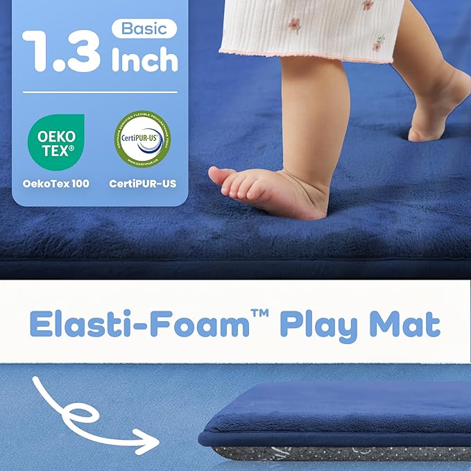 1.3" Thick Baby Floor Play Mat 79x118, Basic Padded Foam Mat for Tummy Time Gym Crawling, Non Slip Cushioned for Babies Toddlers Infants Kids (Blue)