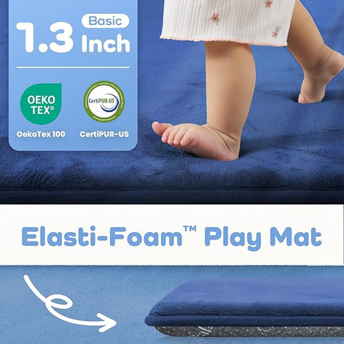 1.3" Thick Baby Floor Play Mat 39x59, Basic Padded Foam Mat for Tummy Time Crawling, Non Slip Cushioned for Babies Toddlers Infants Kids (Blue)