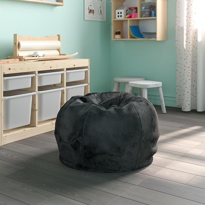 EMMA + OLIVER Daisy Small Black Furry Bean Bag Chair for Kids and Teens