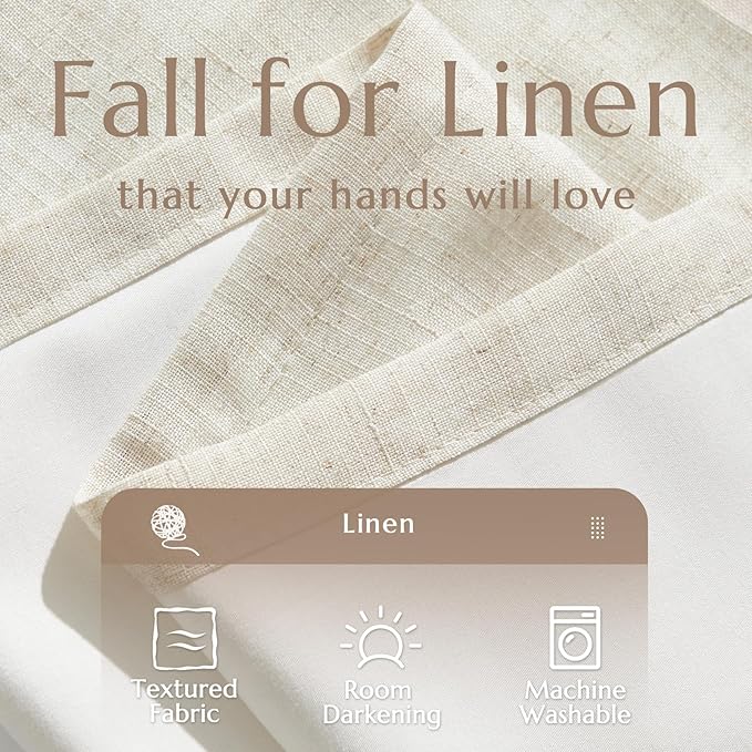 jinchan Beige Lined Linen Blend Curtains for Living Room 96 Inches Length 2 Panels Natural Window Treatment for Sliding Glass Doors, 50 Inches Wide Drapes with Rod Pocket Back Tab (50W x 96L, Ecru)