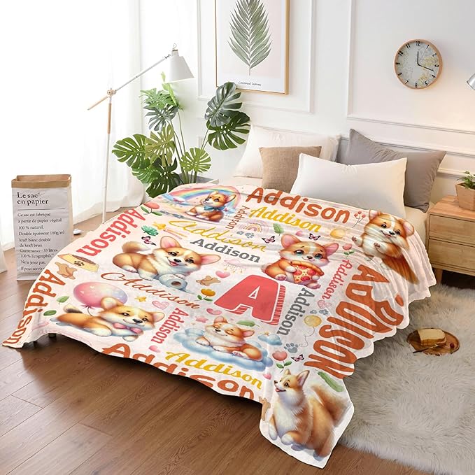 Personalized Custom Corgi Dog Blanket Gifts for Kids Boys Girls with Name - Customized Corgi Dog Super Soft Lightweight Flannel Sheets Decor for Crib Nap Couch - 50"x60" for Teens