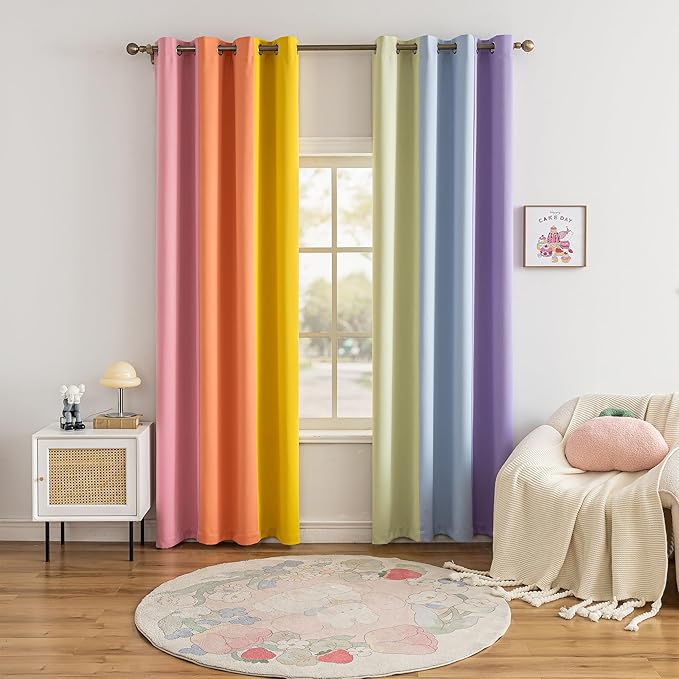 Rainbow Curtains Made with a Patchwork of Pink, Orange, Yellow, Green, Blue, and Purple for Kids Bedroom Blackout Colored Curtains for Bedroom Classroom (2 Panels, W52 X L108)