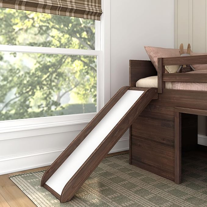 Max & Lily Loft Bed Twin Size, Solid Wood Low Loft Bed with Slide and Ladder, Modern Farmhouse Loft Bed for Kids, Barnwood Brown