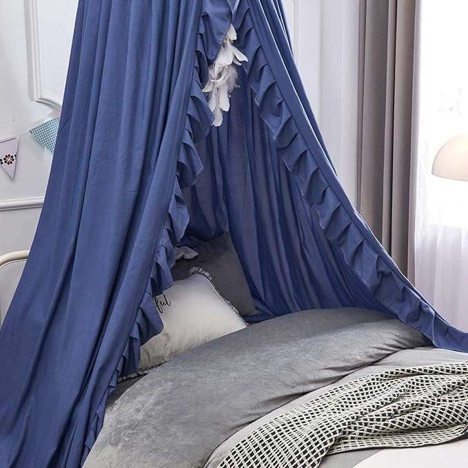 Bed Canopy, Kids Bed Canopies with Lace Bed Room Decor Hanging House Castle Reading Nook Dream Canopy for Girls Princess, Full Queen Size(Navy Blue)