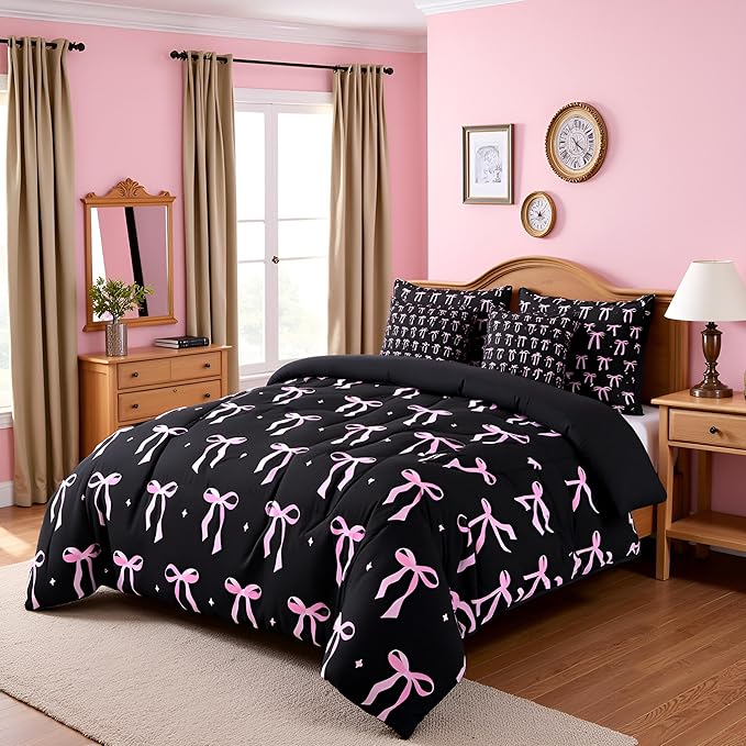 7 Pieces Pink Bowknot Kids Comforter Full,Stars Watercolor Bow Tie Patchwork Bedding Set,Butterfly Knot Princess Black Noble Chic（Comforter+Fitted+Flat Sheet+2 Pillowcases+2 Throw Pillow Covers）