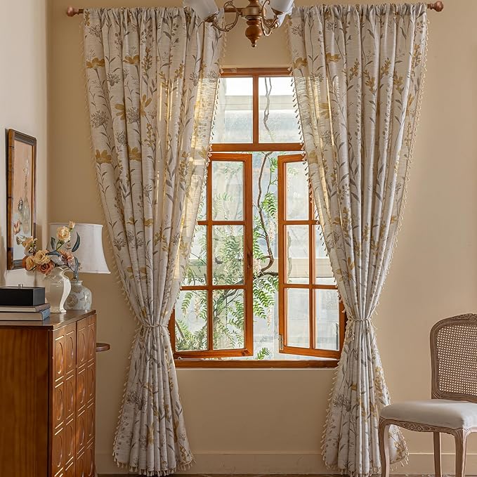 ENJOYBRIDAL Yellow Floral 96 Inch Curtains 2 Panel Set Living Room Long Drapes Bedroom Boho Farmhouse Semi Sheer Window Curtain Panels Rod Pocket Cute Tassel Dining Room Window Treatments