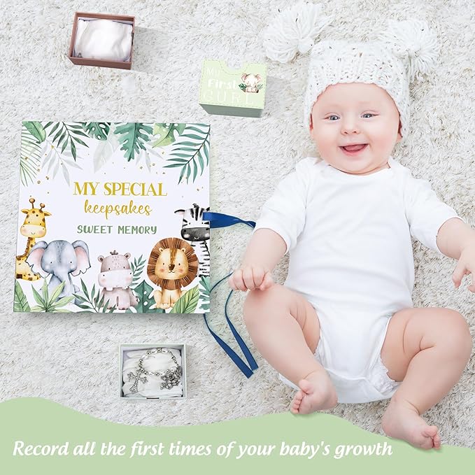 Baby Keepsake Box Newborn Memory Organizer with 9 Labeled Compartments First Keepsake Book Gift Box for Pregnancy Mother"s Day Baby Shower New Maternity (Green,Jungle Animal)