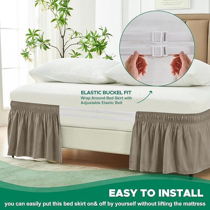 Biscaynebay Wrap Around Bed Skirts for Twin & Twin XL Beds 15" Drop, Taupe Adjustable Elastic Dust Ruffles Easy Fit Wrinkle & Fade Resistant Silky Luxurious Fabric Machine Washable