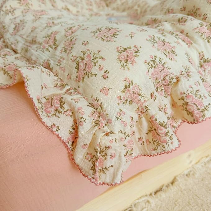 BuLuTu Vintage Floral Queen Duvet Cover Cotton Muslin Comforter Cover with Ruffles, Soft Lightweight Gauze Bedding Quilt Cover 90"x90", No Pillow Case, Zipper & Corner Ties, Machine Wash