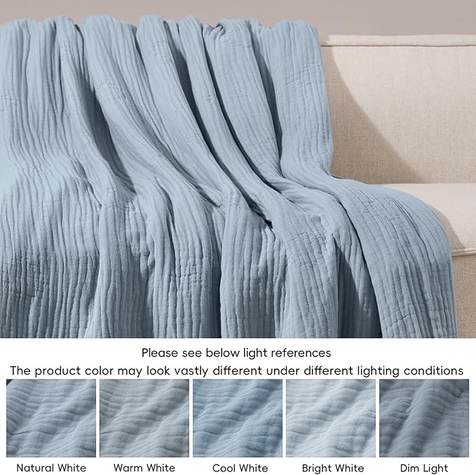 PHF Cooling Muslin Blanket Twin Size 60"x80", 6-Layer Lightweight Gauze Blanket Made from 35% Rayon Derived from Bamboo & 65% Cotton, Breathable & Ultra Soft Cozy, Aesthetic Home Decor, Dusty Blue