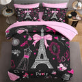 7 Pcs Full Size Comforter Set with 2 Pillowcases & 2 Shams, Paris Eiffel Tower Bedding for Kids and Adults, Cute Pink Makeup Fashion Dress Bed in a Bag with Flat Fitted Sheet