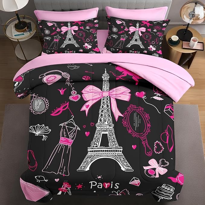7 Pcs Queen Size Comforter Set with 2 Pillowcases & 2 Shams, Paris Eiffel Tower Bedding for Kids and Adults, Cute Pink Makeup Fashion Dress Bed in a Bag with Flat Fitted Sheet
